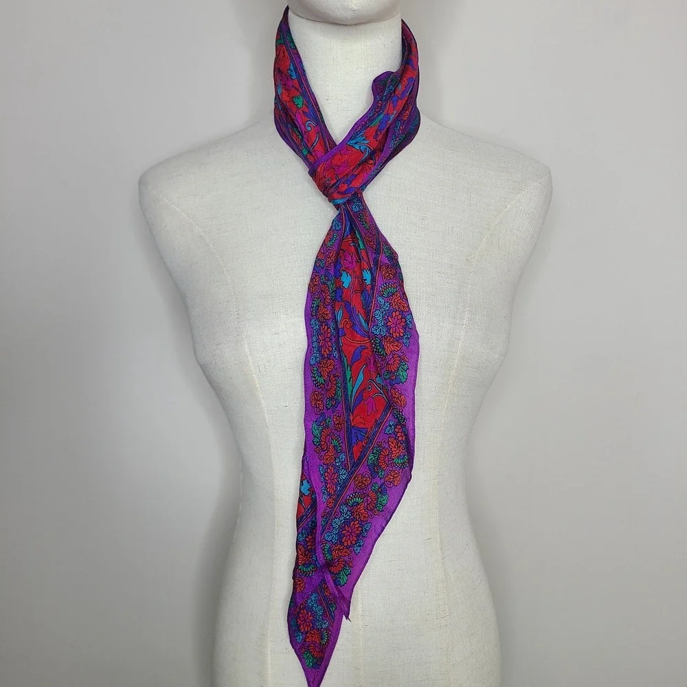Vintage‎ Liz Claiborne Silk Scarf Purple Red Floral Skinny Pointed End 9